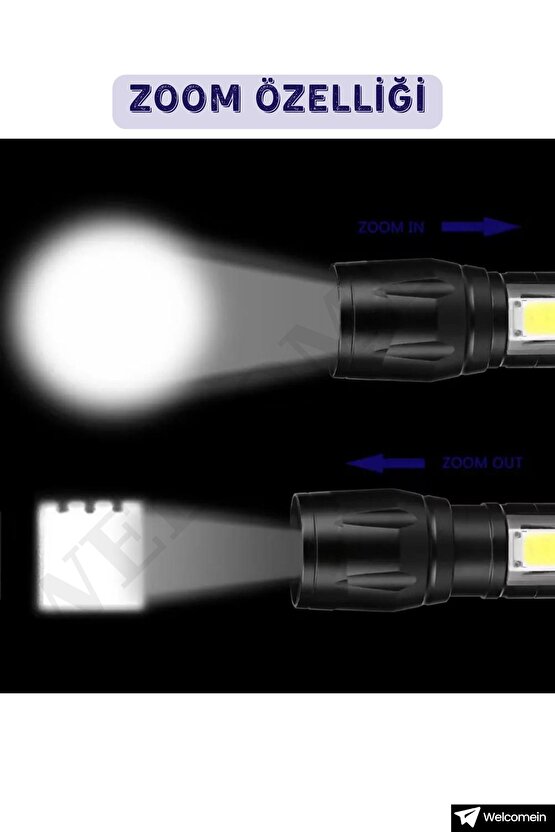 Şarjlı Metal Yağmur Suyu Geçirmez Xpe+ Cob Ledli 3 Modlu Taşınabilir Led Fener Kamp Avcılık Deprem