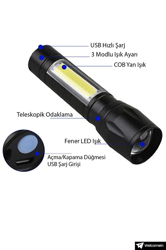 Şarjlı Metal Yağmur Suyu Geçirmez Xpe+ Cob Ledli 3 Modlu Taşınabilir Led Fener Kamp Avcılık Deprem