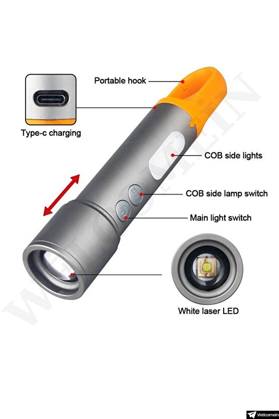 Şarjlı Ultra Parlak COB Led 9 Modlu 4 Renkli Askılı Çok Fonksiyonlu Şarjlı El Feneri Çok Modlu