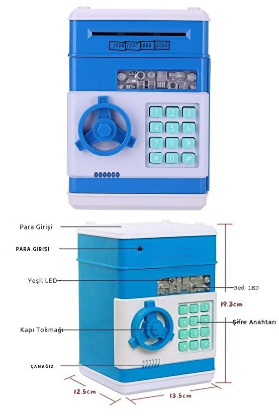 Elektronik Çocuk Atm Şifreli Otomatik Kağıt Para Alan Kasa Kumbara Oyuncak Mavi