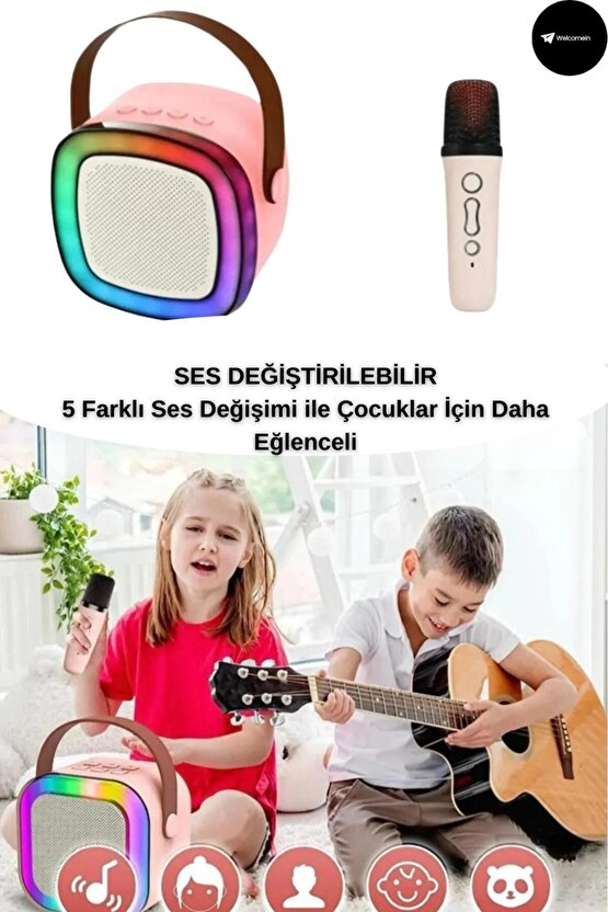 Ses Değiştirme LED Işık Taşınabilir Bluetooth Hoparlör Kablosuz Mikrofonlu Karaoke Çocuk Yetişkin