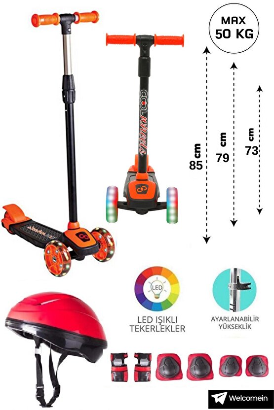 Turuncu Led Işıklı 3 Tekerlekli Coolwheels Yükseklik Ayarlı Çocuk Scooter Kask Dizlik Dirseklik Set