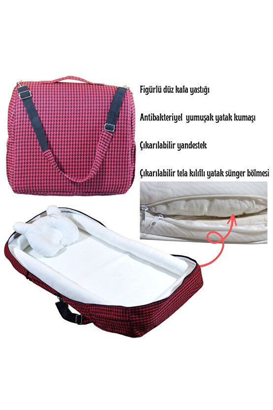 Çantalı Babynest, Bebek Çantası, Taşına Bilir Ebeveyn Yanı Reflü Yatağı Kazayağı Desenli