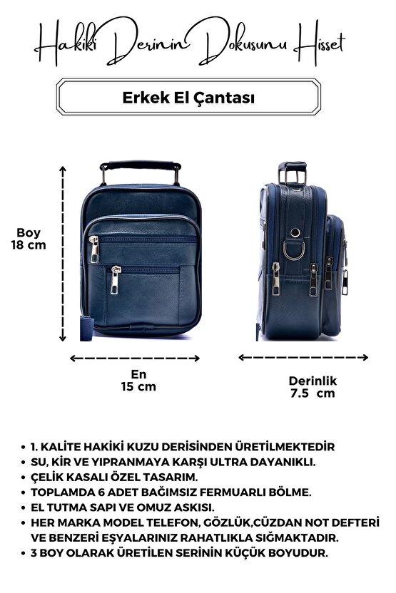 Erkek Lacivert Çelik Kasalı Hakiki Deri El Ve Omuz Çantası ( Küçük Boy)
