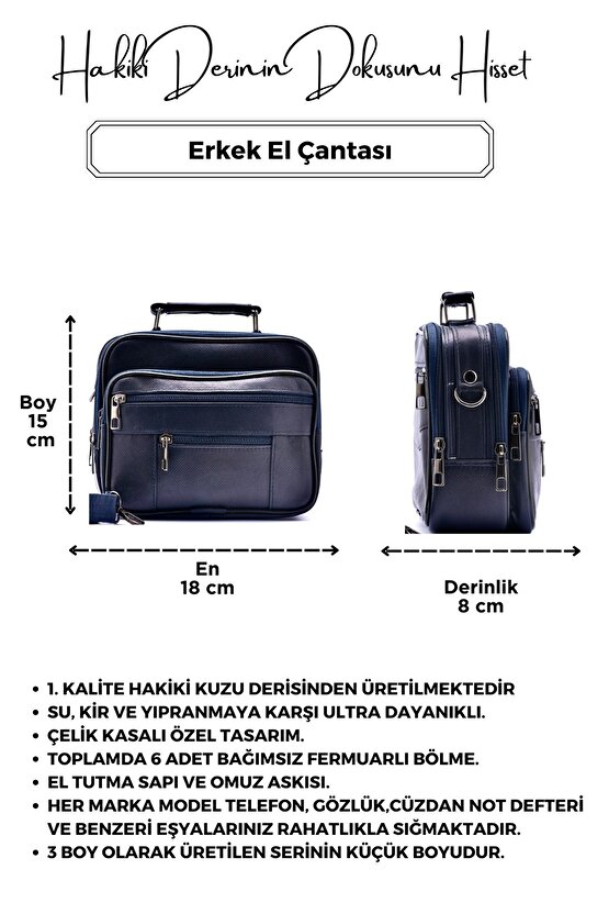 Erkek Lacivert Yatay Model Çelik Kasalı Hakiki Deri El Ve Omuz Çantası ( Küçük Boy)