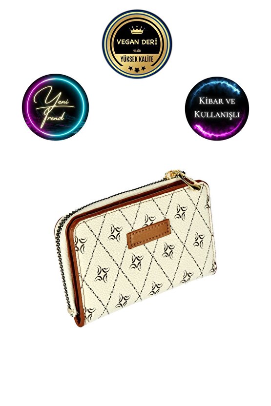 Beyaz-Taba Monogram Desen Kadın Cüzdan