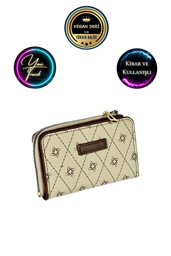 Krem-Kahve Monogram Desen Kadın Cüzdan
