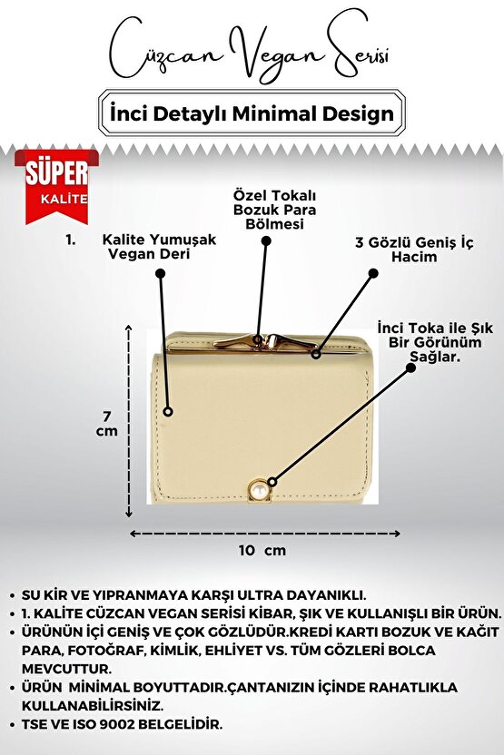 Krem İnci Detaylı Kibar Küçük Kullanışlı Model Kadın Cüzdan