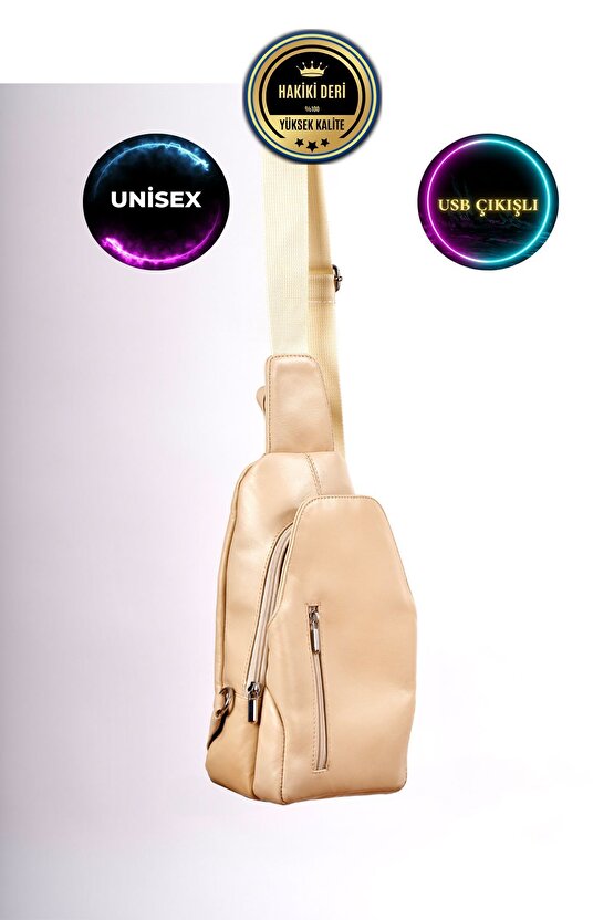 Unisex Krem Hakiki Deri Çapraz Badybag Omuz ve Göğüs Çantası (USB Çıkışlı)