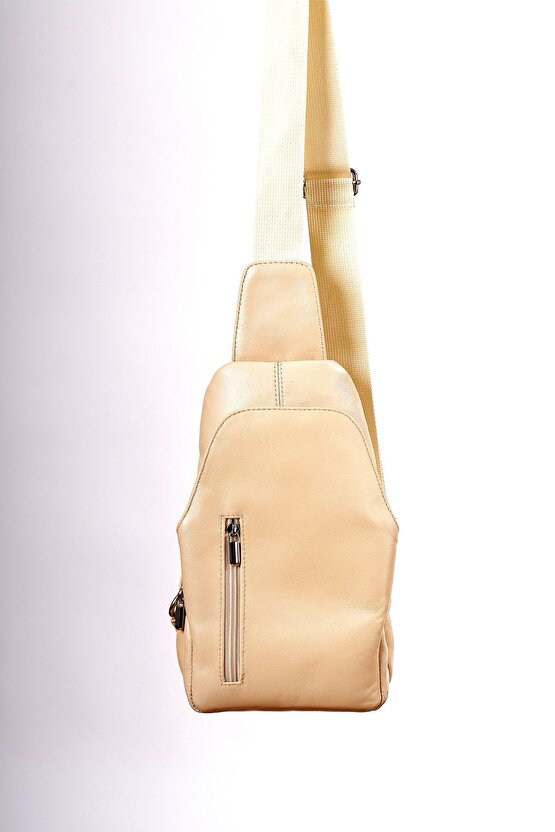 Unisex Krem Hakiki Deri Çapraz Badybag Omuz ve Göğüs Çantası (USB Çıkışlı)
