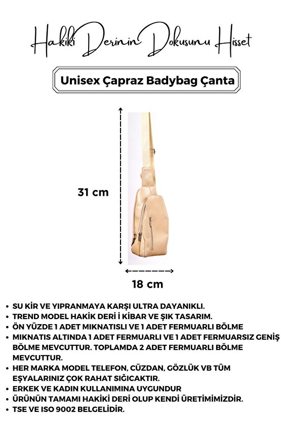 Unisex Krem Hakiki Deri Çapraz Badybag Omuz ve Göğüs Çantası (USB Çıkışlı)