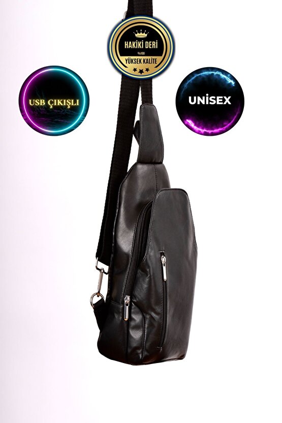 Unisex Siyah Hakiki Deri Çapraz Badybag Omuz ve Göğüs Çantası (USB Çıkışlı)