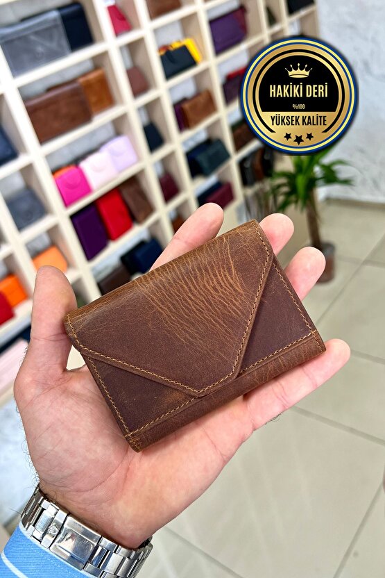 Mia Eskitme Taba Unisex Hakiki Deri Akordiyon Model Kartlık Cüzdan