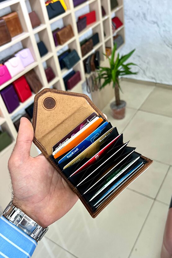 Mia Eskitme Taba Unisex Hakiki Deri Akordiyon Model Kartlık Cüzdan
