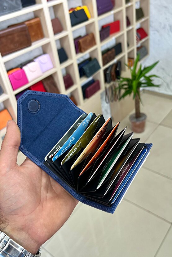 Mia Antik Lacivert Unisex Hakiki Deri Akordiyon Model Kartlık Cüzdan