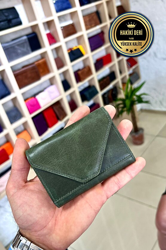 Mia Antik Yeşil Unisex Hakiki Deri Akordiyon Model Kartlık Cüzdan