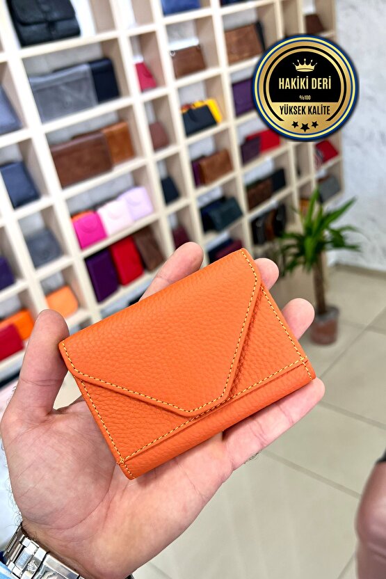 Mia Turuncu Unisex Hakiki Deri Akordiyon Model Kartlık Cüzdan