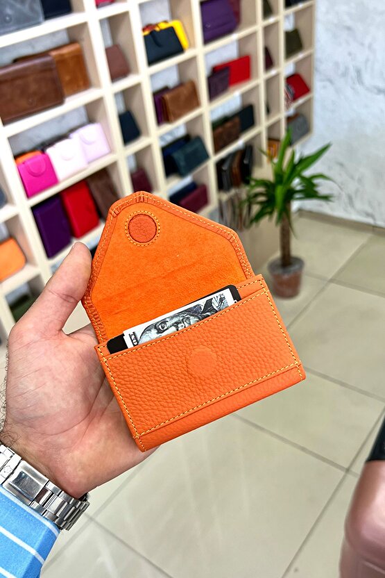 Mia Turuncu Unisex Hakiki Deri Akordiyon Model Kartlık Cüzdan