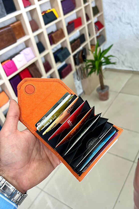 Mia Turuncu Unisex Hakiki Deri Akordiyon Model Kartlık Cüzdan