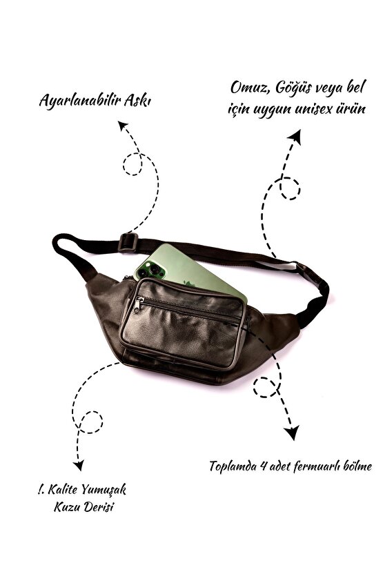 Unisex Siyah Hakiki Deri Freebag Bel ve Göğüs Çantası