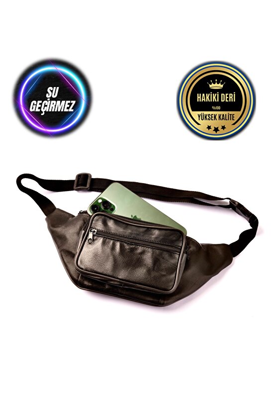 Unisex Siyah Hakiki Deri Freebag Bel ve Göğüs Çantası