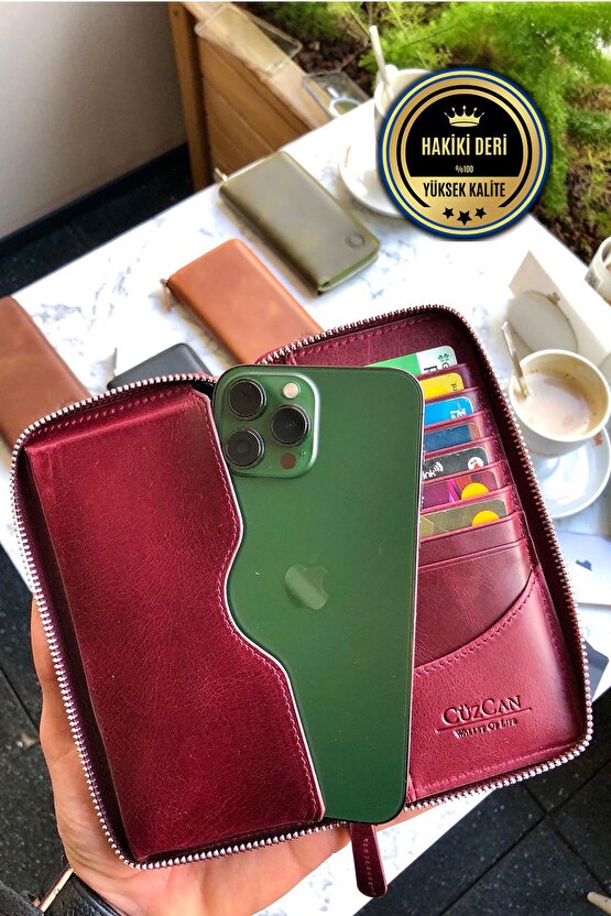 Leo Antik Bordo Unisex Hakiki Deri Telefon Bölmeli Cüzdan
