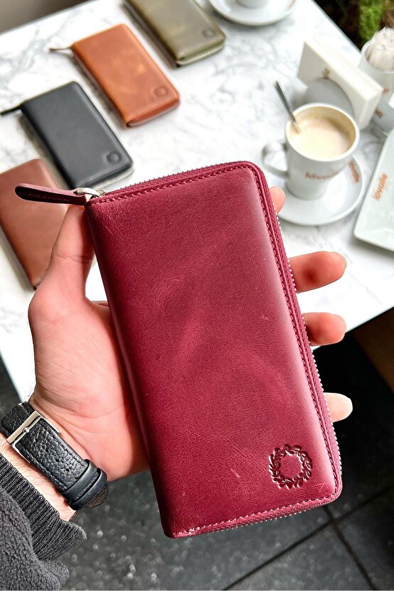 Leo Antik Bordo Unisex Hakiki Deri Telefon Bölmeli Cüzdan