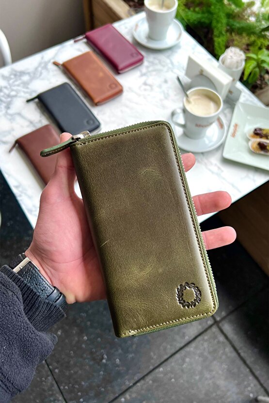 Leo Antik Yeşil Unisex Hakiki Deri Telefon Bölmeli Cüzdan