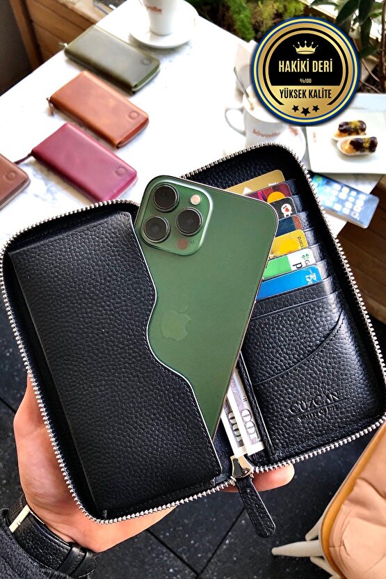 Leo Black Unisex Hakiki Deri Telefon Bölmeli Cüzdanı