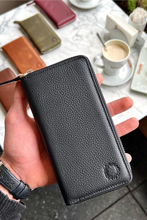 Leo Black Unisex Hakiki Deri Telefon Bölmeli Cüzdanı