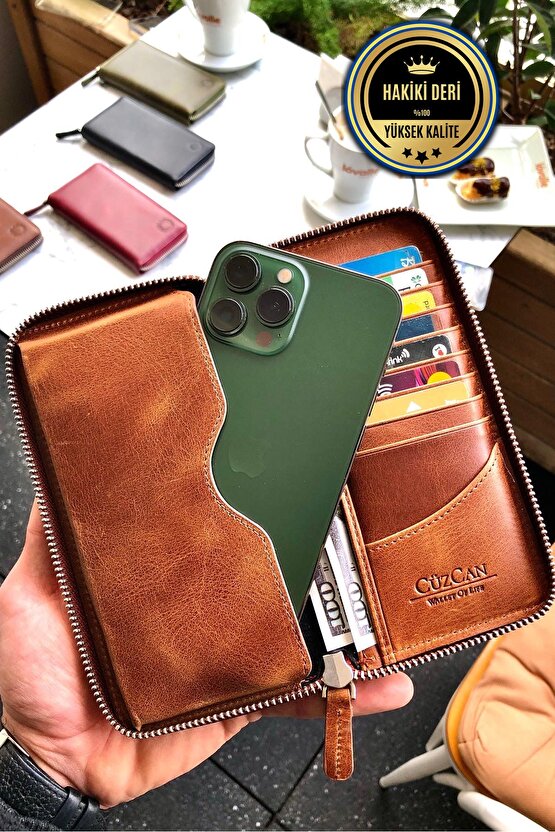 Leo Taba Unisex Hakiki Deri Telefon Bölmeli Cüzdanı