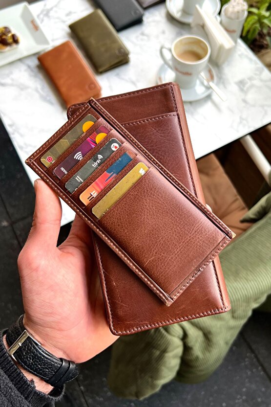 Piarde Antik Kahve Unisex Hakiki Deri Kartlık Hediyeli Telefon Gözlü Cüzdan