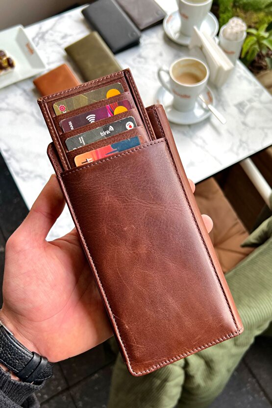Piarde Antik Kahve Unisex Hakiki Deri Kartlık Hediyeli Telefon Gözlü Cüzdan
