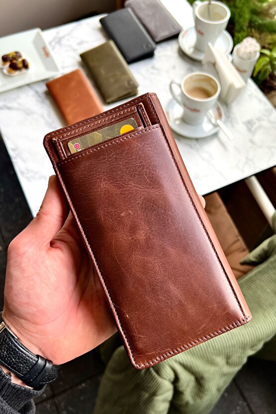 Piarde Antik Kahve Unisex Hakiki Deri Kartlık Hediyeli Telefon Gözlü Cüzdan