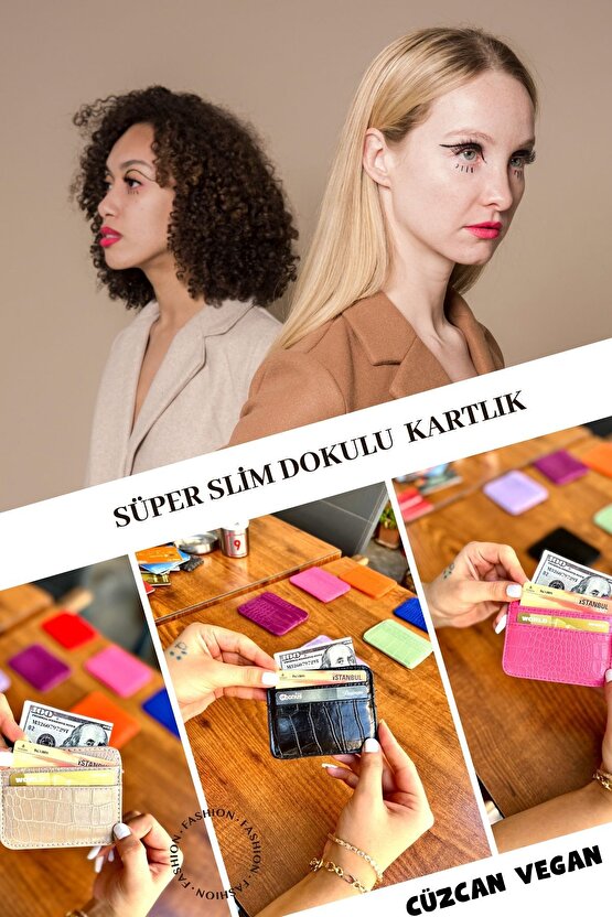 Mimi Pink Vegan Deri Kadın Süper Slimçift Taraflı Kartlık