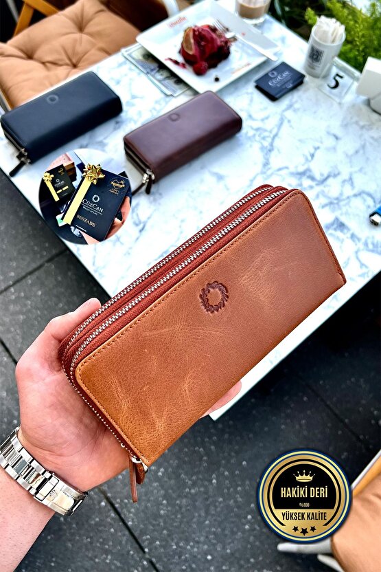 Tigan Unisex Antik Taba Çift Fermuarlı Hakiki Deri Telefon Cüzdanı El Çantası