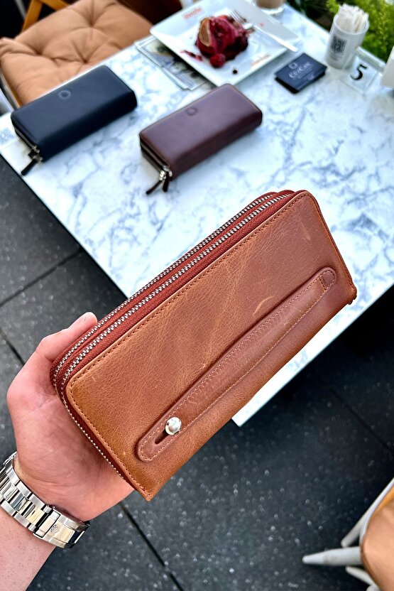 Tigan Unisex Antik Taba Çift Fermuarlı Hakiki Deri Telefon Cüzdanı El Çantası