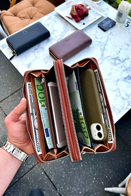 Tigan Unisex Antik Taba Çift Fermuarlı Hakiki Deri Telefon Cüzdanı El Çantası