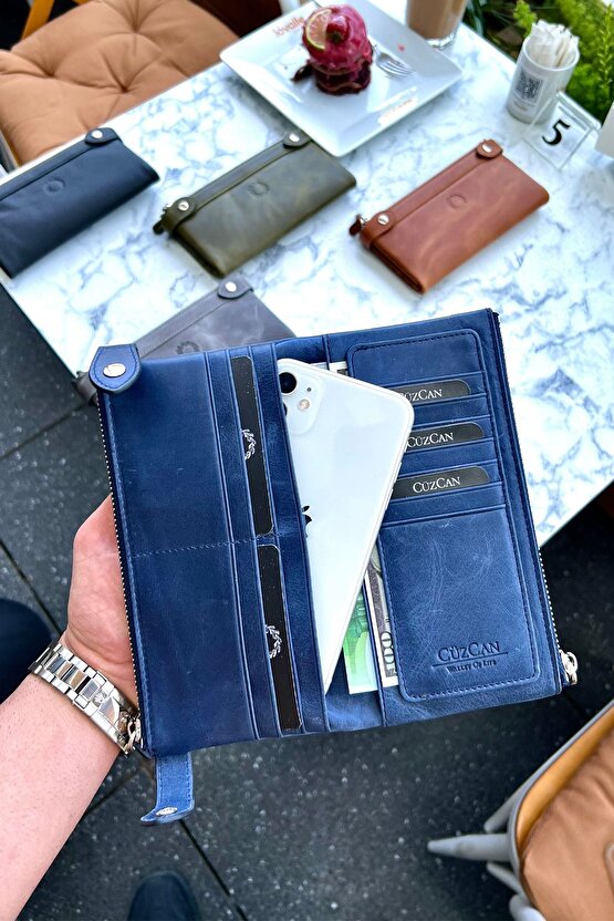 Antik Lacivert Çift Telefon Bölmeli Hakiki Deri Unisex Cüzdan Kişiye Özel Isim Baskılı