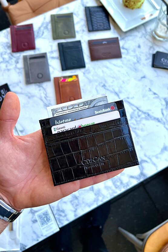 Unisex Mia Croco Siyah Gerçek Hakiki Deri Ultra Ince Dokulu Kartlık