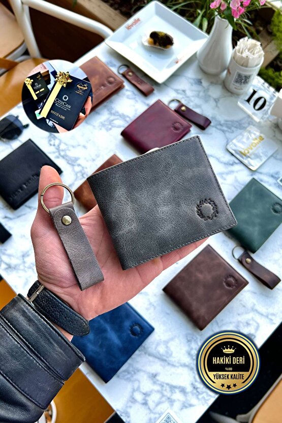Nirvana Vintage Gri Hakiki Deri Erkek Cüzdan Kişiye Özel Isim Baskılı ( Deri Anahtarlık Hediyeli)