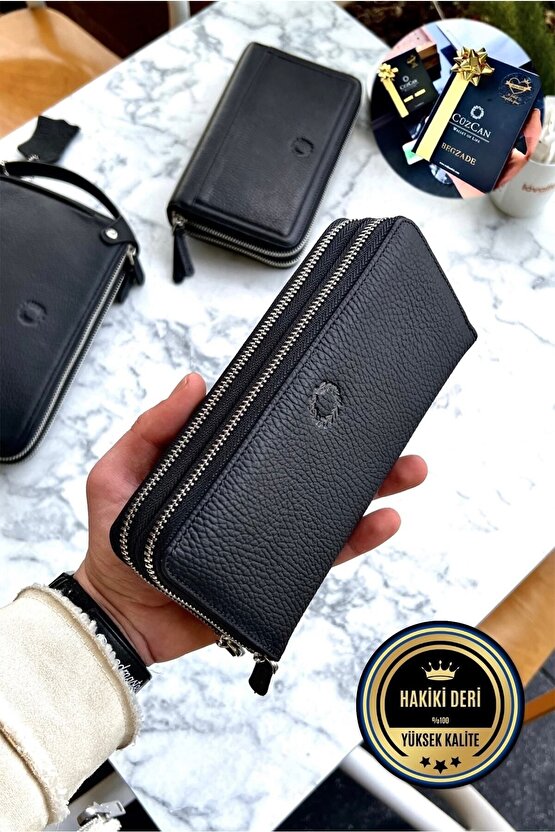Tigan Unisex Siyah Çift Fermuarlı Hakiki Deri Telefon Cüzdanı El Çantası