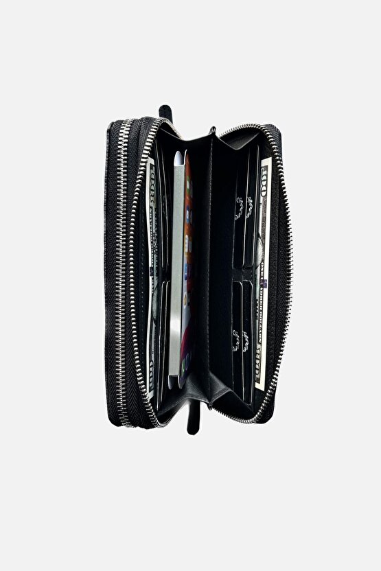 Tigan Unisex Siyah Çift Fermuarlı Hakiki Deri Telefon Cüzdanı El Çantası