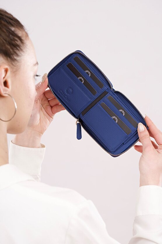 Unisex Saks Mavi Miami Yatay Fermuarlı Bozuk Para Hazneli Gerçek- Hakiki Deri Cüzdan(ERKEK-KADIN)
