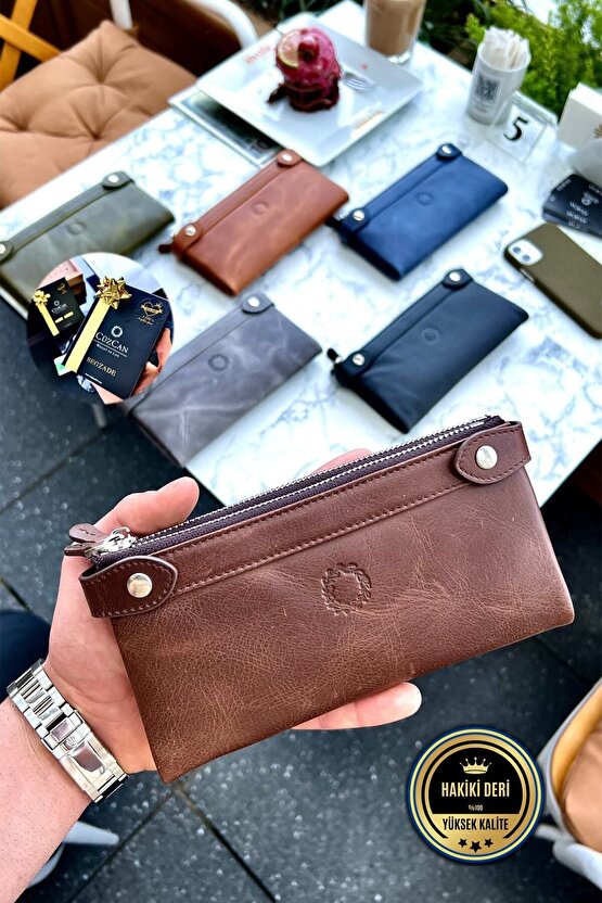 Antik Kahve Çift Telefon Bölmeli Hakiki Deri Unisex Cüzdan Kişiye Özel Isim Baskılı