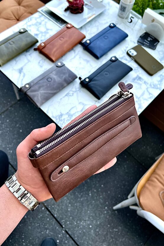 Antik Kahve Çift Telefon Bölmeli Hakiki Deri Unisex Cüzdan Kişiye Özel Isim Baskılı