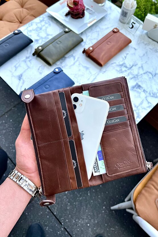 Antik Kahve Çift Telefon Bölmeli Hakiki Deri Unisex Cüzdan Kişiye Özel Isim Baskılı