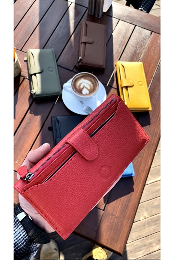 Kırmızı Peony Hakiki Deri Telefon Cüzdanı