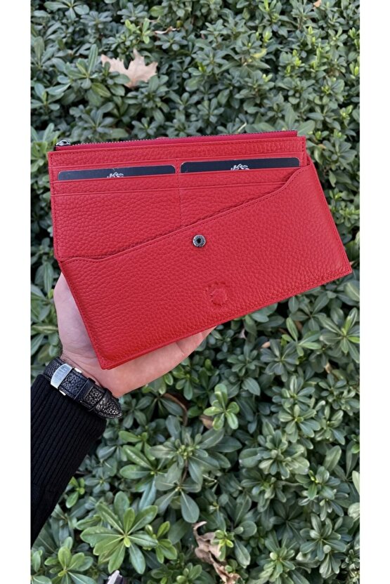 Kırmızı Peony Hakiki Deri Telefon Cüzdanı