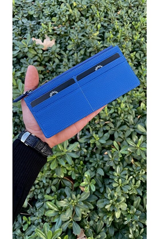 Saks Mavi Peony Hakiki Deri Telefon Cüzdanı
